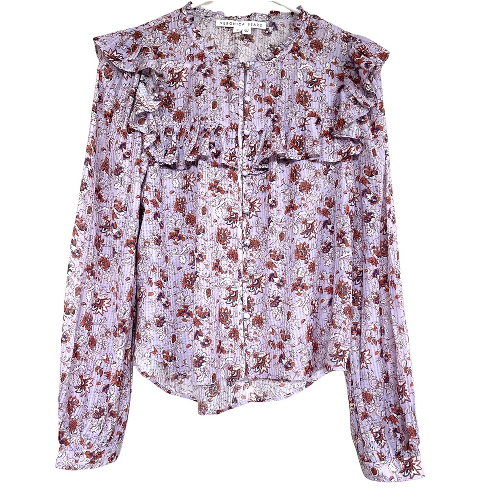 Veronica Beard Lavender Purple Ruffled Floral Long Sleeve Blouse Medium - Picture 4 of 12